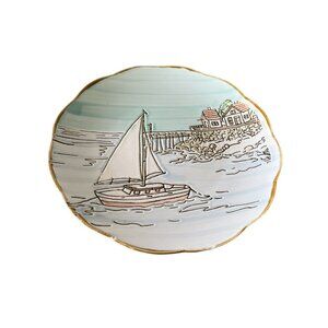 Coastal Sketch Salad Plate 10.5" Dish Hand Painted Sailboat Beach Nautical